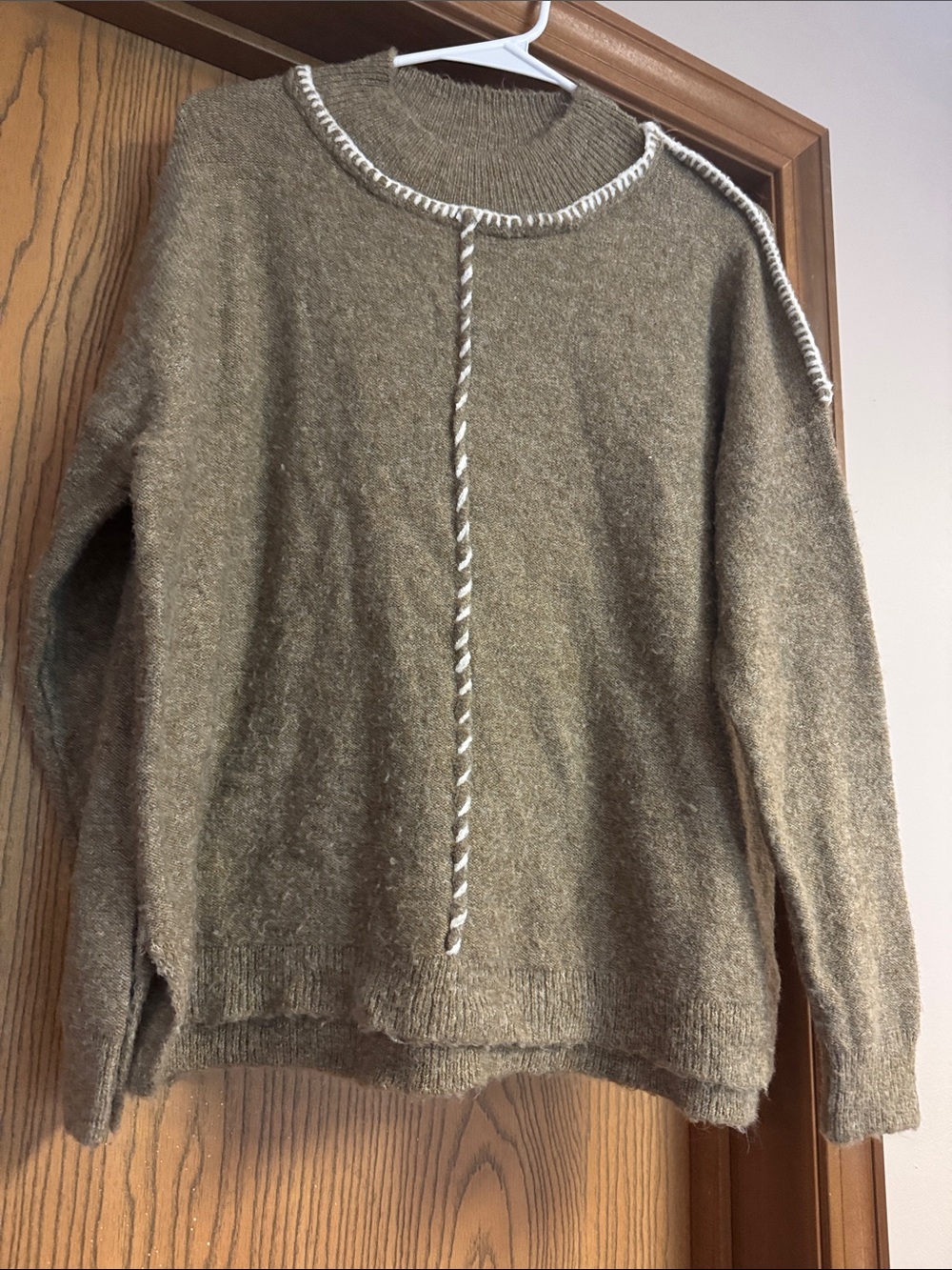 Staccato Olive Green Crewneck Sweater with White Contrast Trim